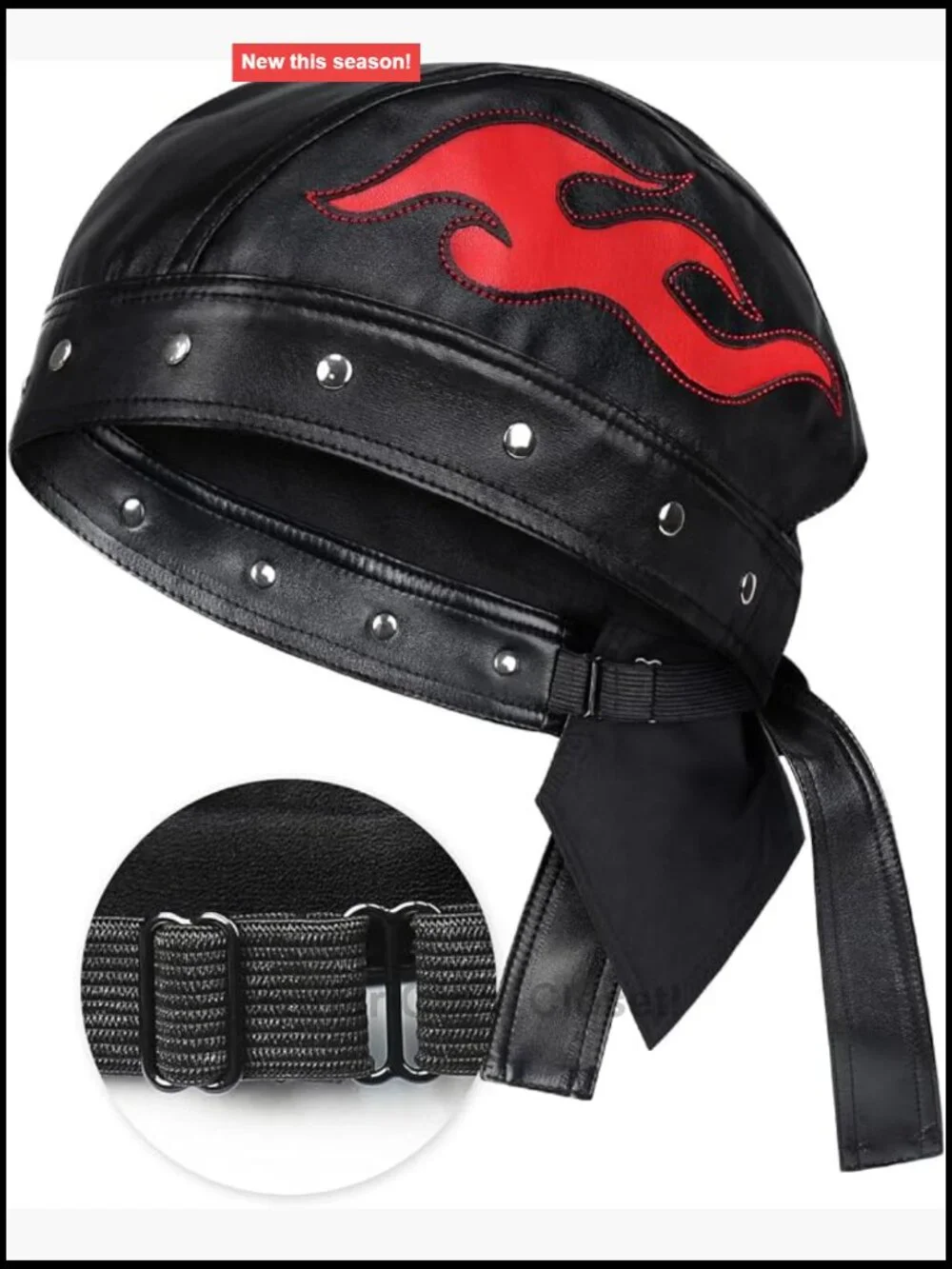 Faux Leather Biker Cap with Embroidery - Adjustable Strap Motorcycle Beanie